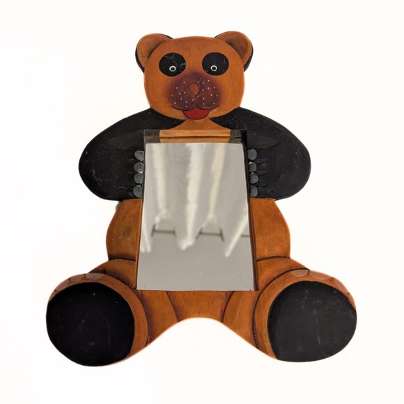 Vintage Handmade Wooden Bear Small Mirror Small 9.5"x7.5" OOAK MCM Retro - Picture 4 of 7